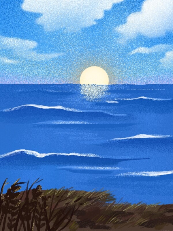 原创清新肌理山坡海边日出插画背景