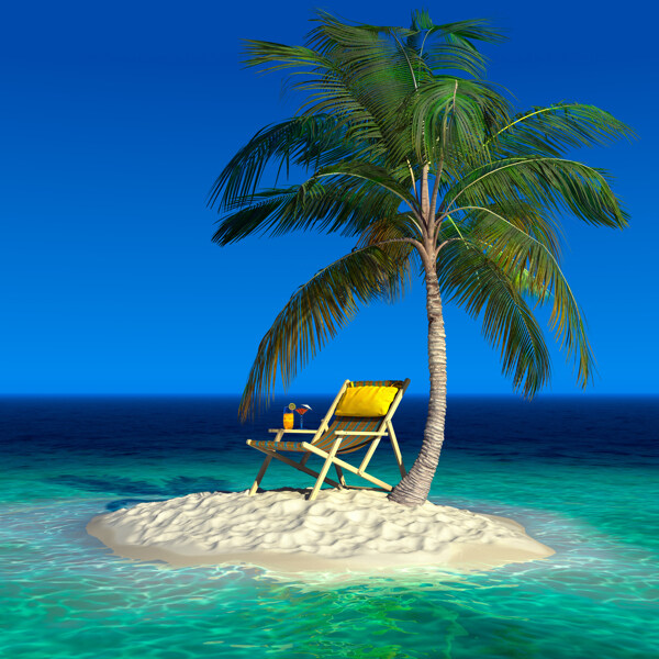 小岛上的椰树躺椅图片