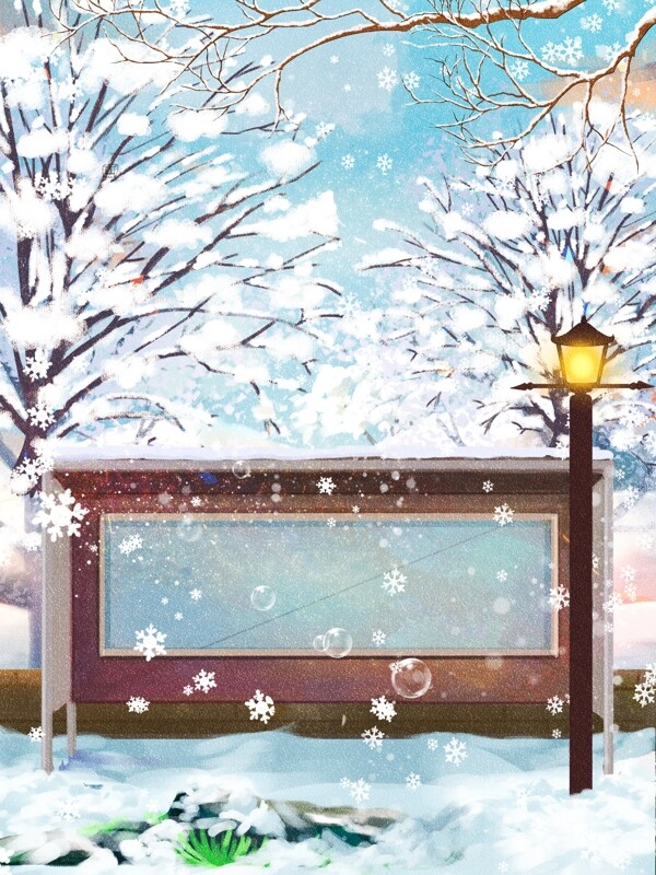 冬季下雪雪地公交站背景设计