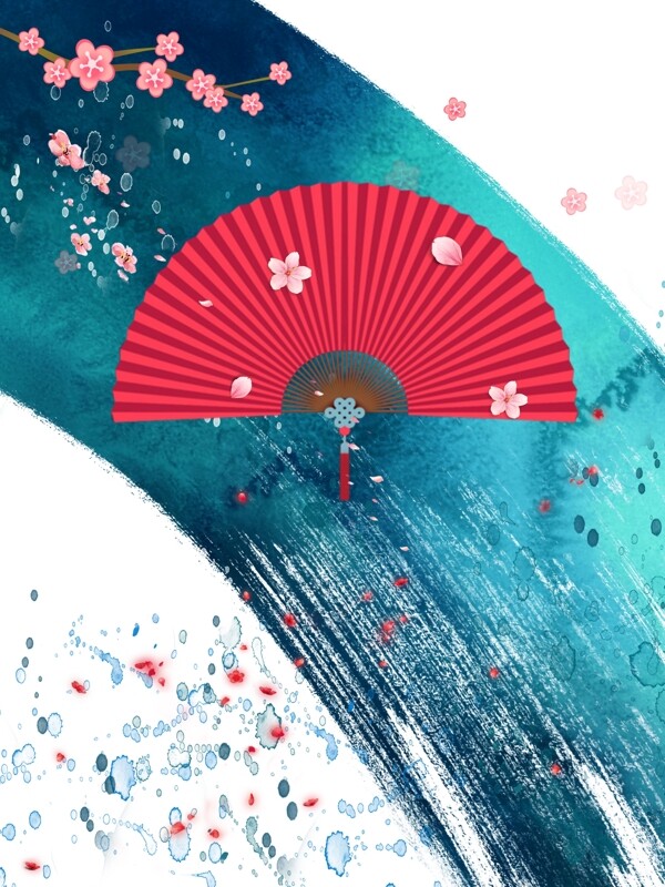 中国风水墨彩色花朵扇子手绘创意装饰画