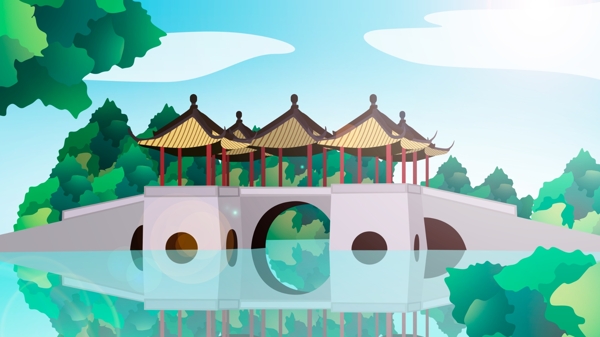 中国风历史建筑五亭桥