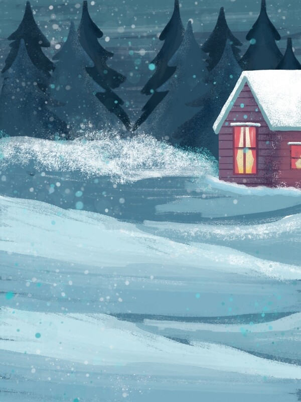 水彩冬季雪地小屋树林背景设计