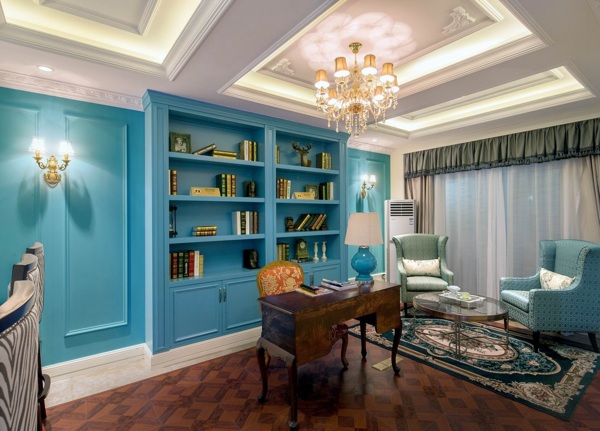 蓝色舒适美式书房装修效果图