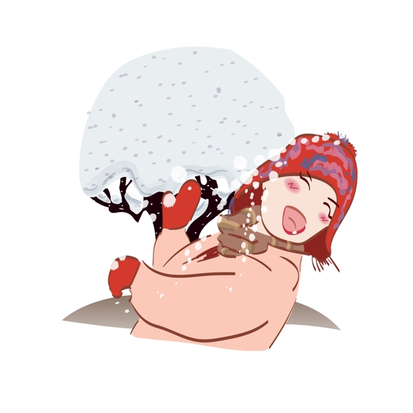 打雪仗下雪欢乐红帽子女孩冬天