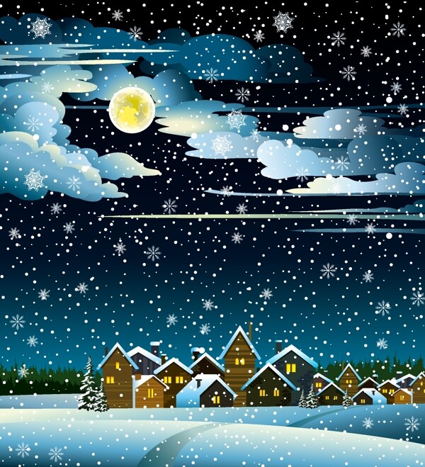 迷人的冬天的夜晚景观设计矢量图03