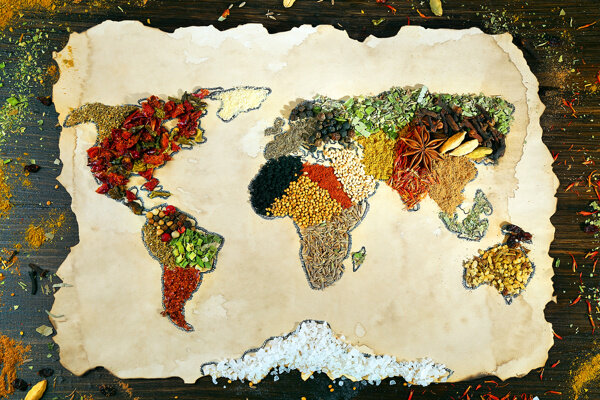 香料拼成的世界地图图片