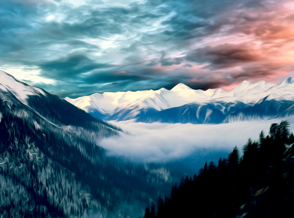 云雾雪山风景油画图片