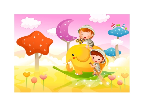 星星大象女孩男孩月亮圖片