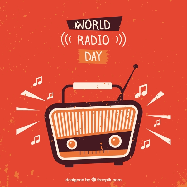橙色背景与老式收音机庆祝世界无线电日