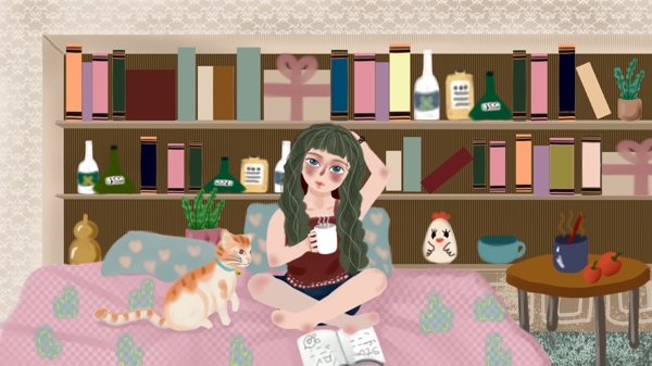 居家长发女孩撸猫看书开心的生活方式插画
