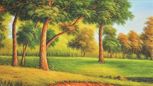 油画风景绿色背景树木蓝天草地