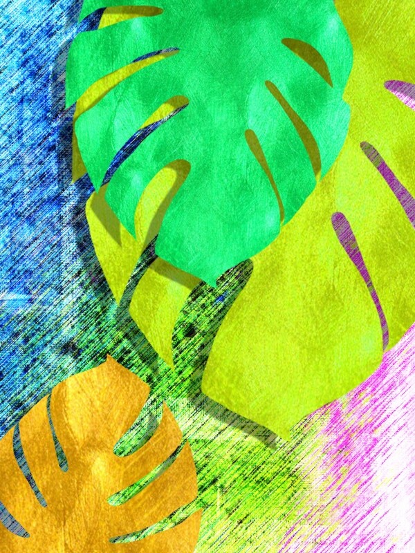 简约彩色龟背竹叶子客厅装饰画