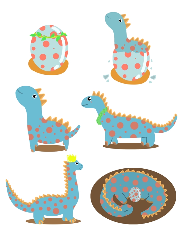 原创蓝色恐龙动物生长过程手绘元素套图