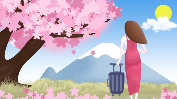 单身女孩去日本富士山旅游赏樱花原创插画