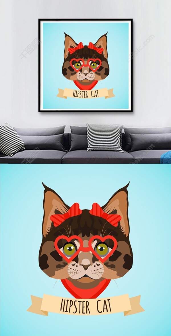 方图卡通猫咪眼镜红色蝴蝶结装饰画