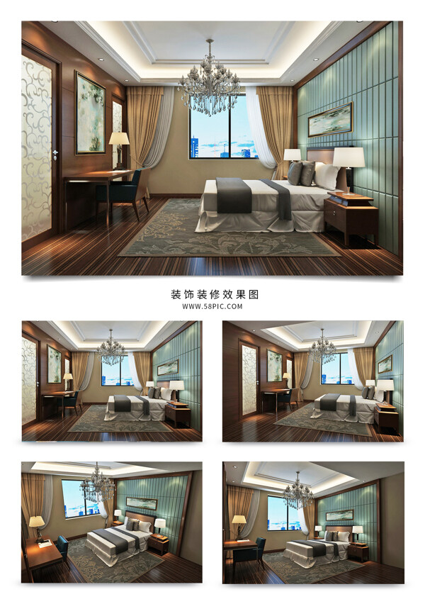 新中式风格酒店客房大床房设计效果图