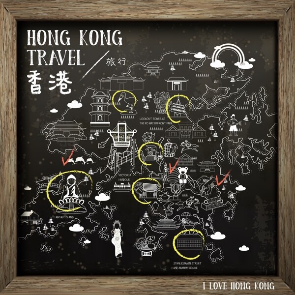 时尚手绘香港旅行地图插画