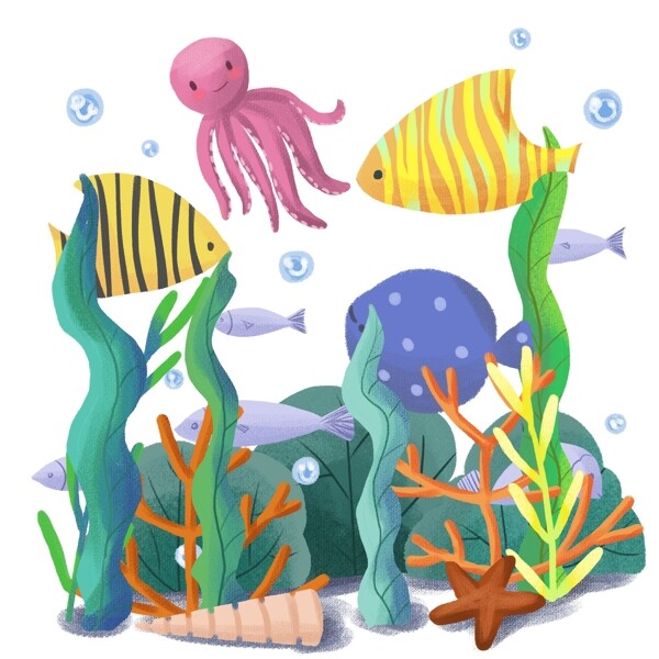 手绘可爱卡通动物海洋海底世界鱼类水草