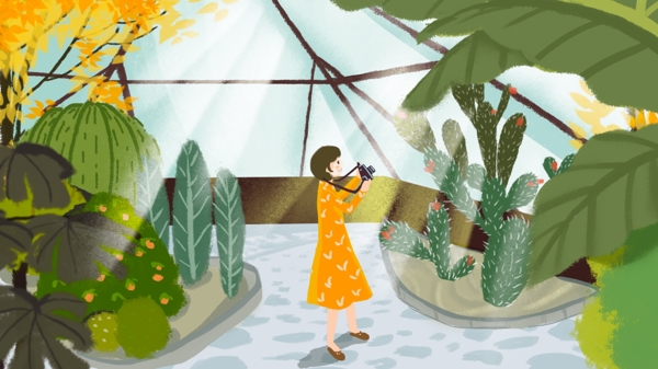 绿色暖房植物园参观少女手绘插画