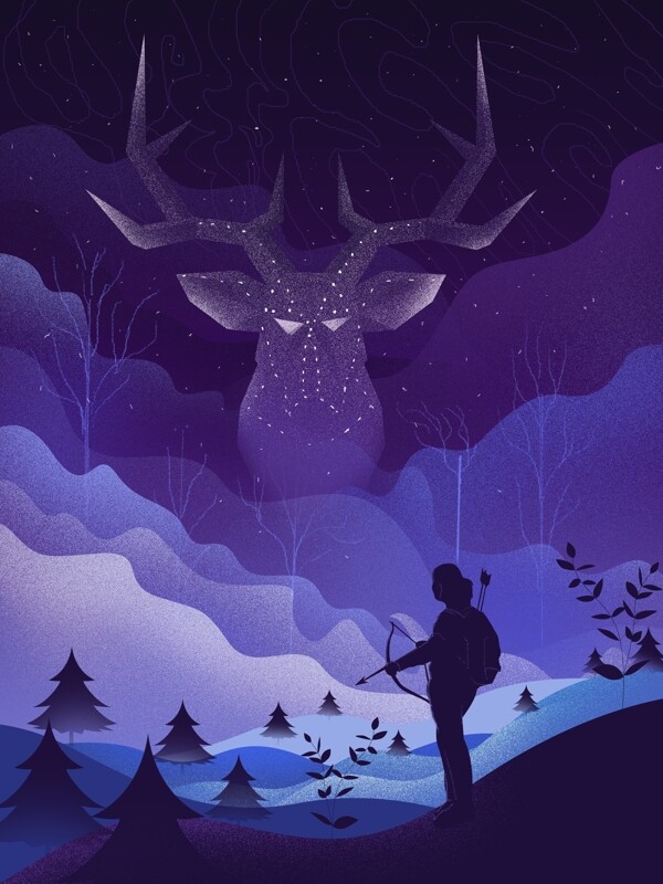 林深时见鹿猎人与鹿神插画