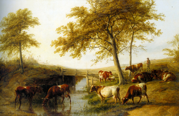 乡村奶牛场风景油画图片