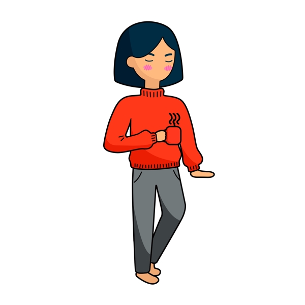 手端杯子的穿紅色衣服的女子卡通元素