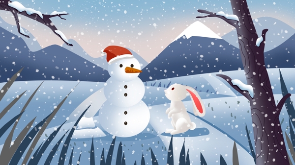 冬季里的小兔子和雪人