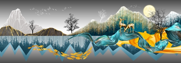 新中式山水飘带丝绸麋鹿装饰画