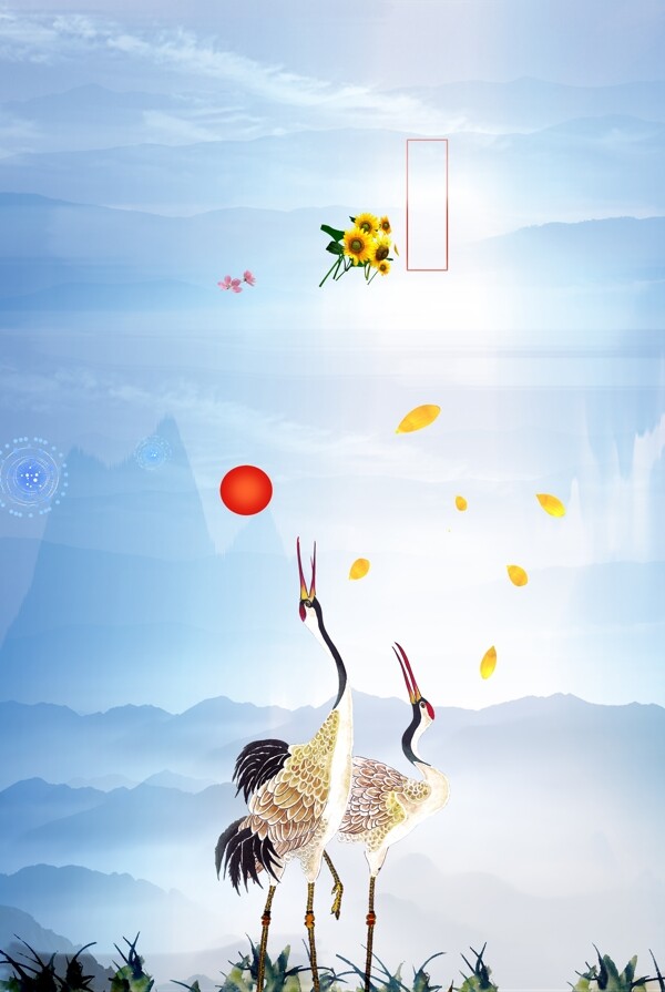 传统重阳节白鹤花瓣海报背景素材