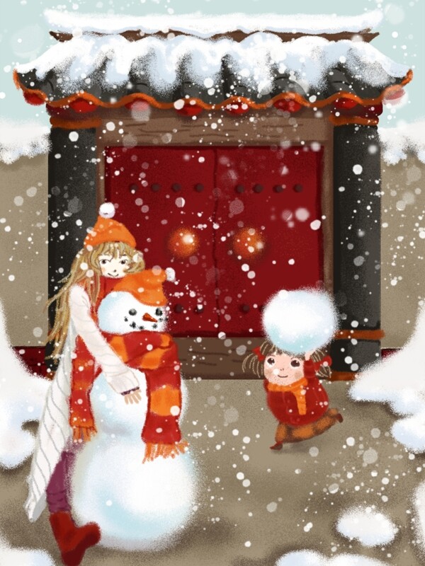 全原創(chuàng)過年打雪仗插畫背景