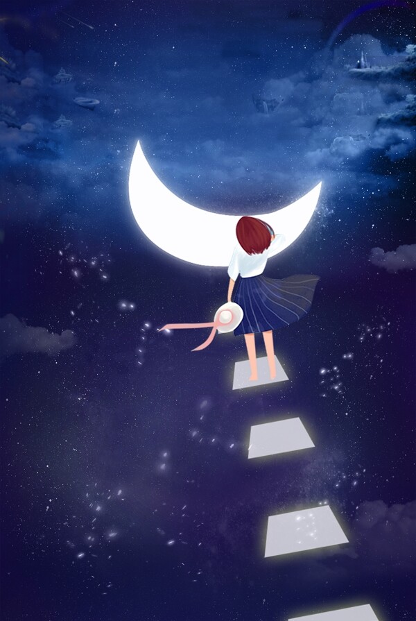 蓝色手绘仲夏之夜少女月亮唯美夜色背景