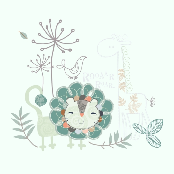 印花矢量圖可愛卡通卡通動物獅子鳥免費素材