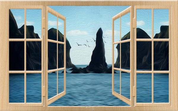现代立体门窗大海奇山油画背景墙