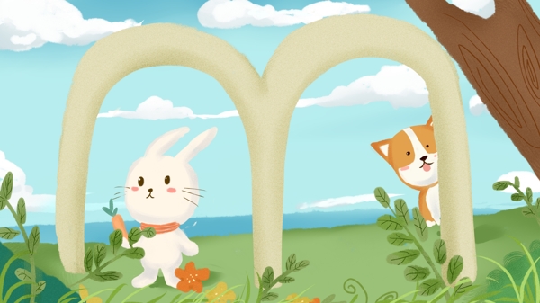 M字母邂逅兔子和柴犬的捉迷藏可爱插画