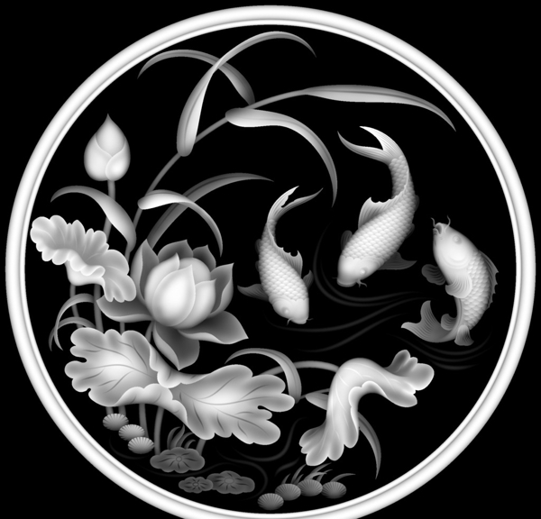 鯉魚戲蓮灰度圖圖片