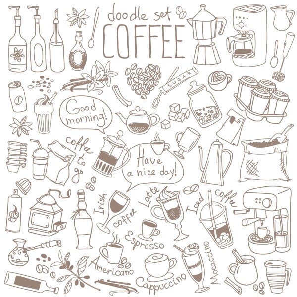 手繪咖啡用品圖案組合