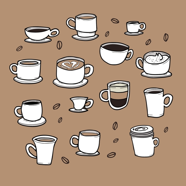 各种白色卡通咖啡杯插画设计