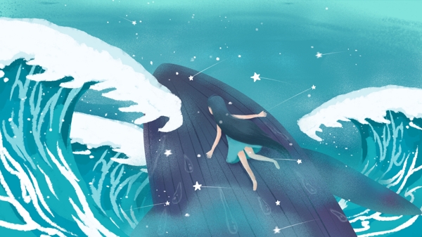 原创手绘插画治愈系蓝色深海鲸鱼与女孩