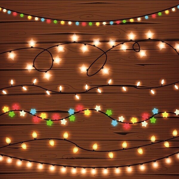 木墙上的圣诞彩灯素材