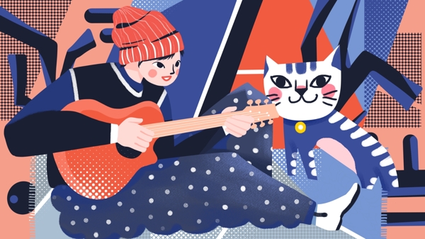 粗线条写实主义弹吉他男孩和猫插画