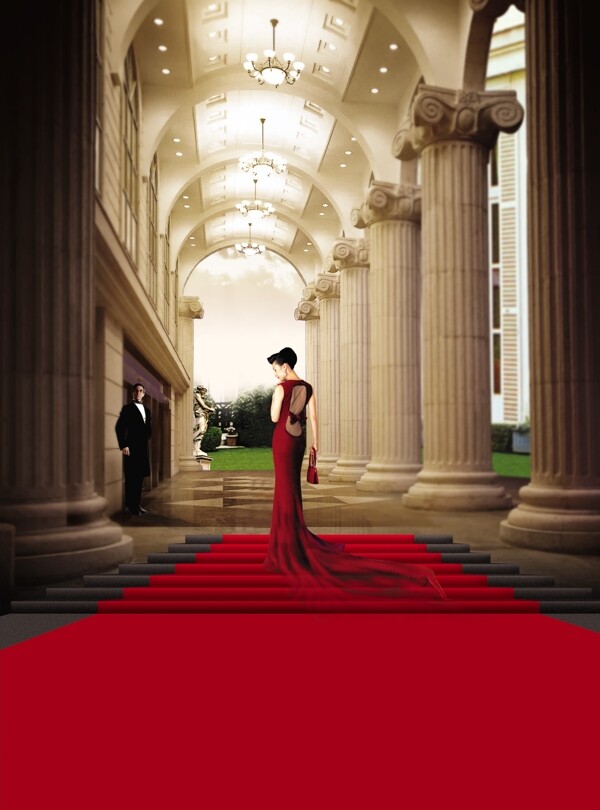 红地毯红礼服女郎图片