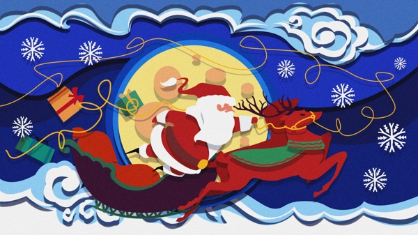 圣诞老人驯鹿雪橇剪纸风格插画