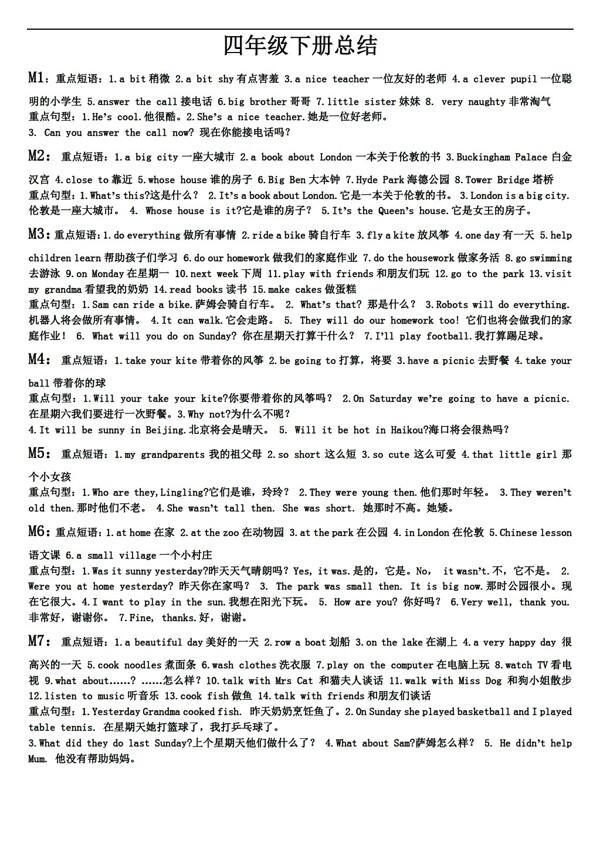 四年級下英語下冊重點(diǎn)短語總結(jié)