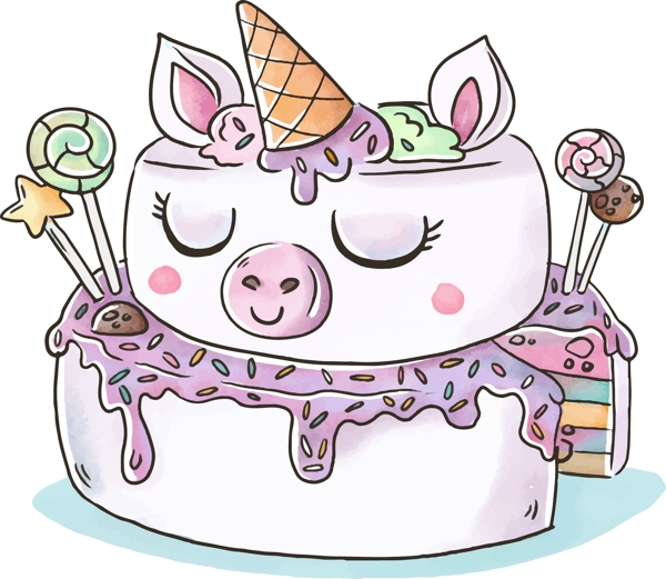 卡通可爱猪猪彩虹蛋糕矢量素材
