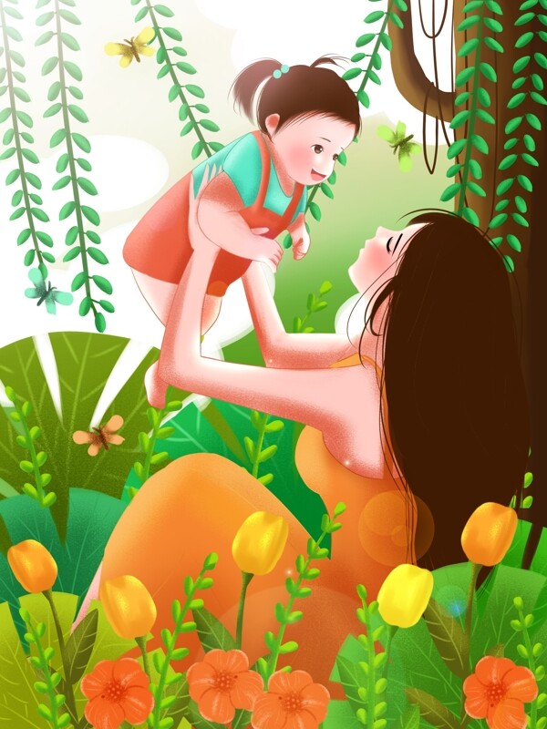 原创手绘插画母亲节温馨母女俩在花园里玩耍