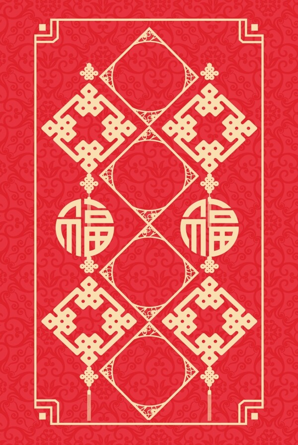 古典边框新年签线条中国风红色背景海报