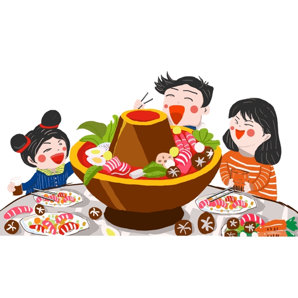 一家人吃火锅温馨手绘插画设计