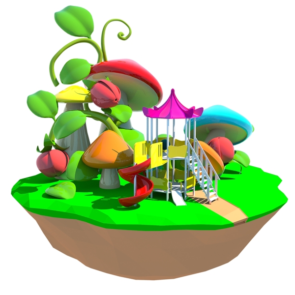 3D游乐园蘑菇下的滑梯卡通立体C4D