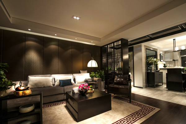 中式时尚客厅深色实木茶几室内装修效果图