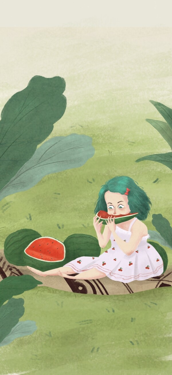 夏天小女孩吃西瓜插画